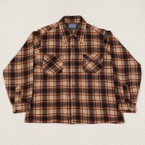 Vintage Pendleton Board Shirt Mens Large Brown Plaid Wool Loop Collar 60s USA